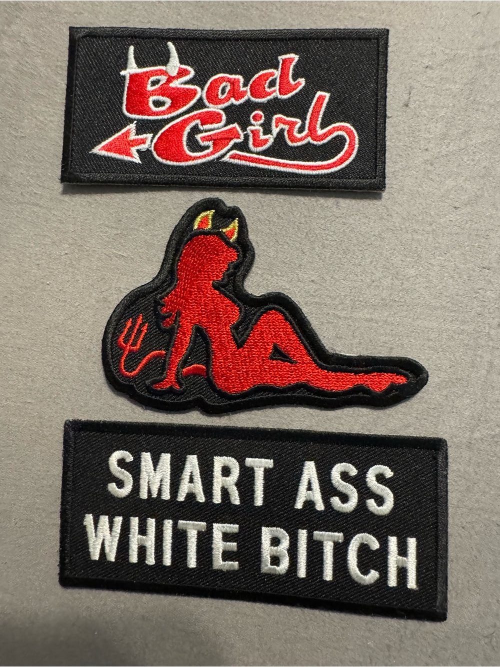 Novelty Devil Girl & Slogan Embroidered Patches - Red, Black, White